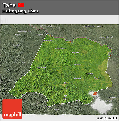 Satellite 3D Map of Tahe, semi-desaturated