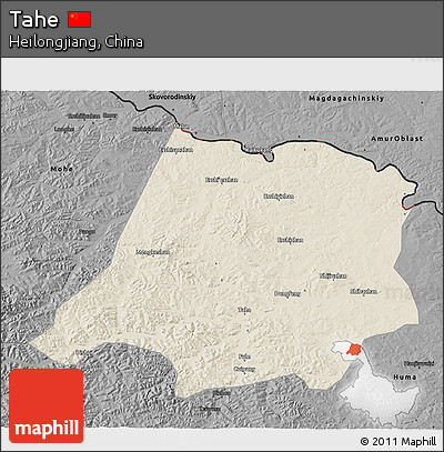 Shaded Relief 3D Map of Tahe, darken, desaturated