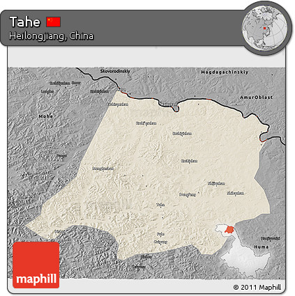 Shaded Relief 3D Map of Tahe, darken, desaturated
