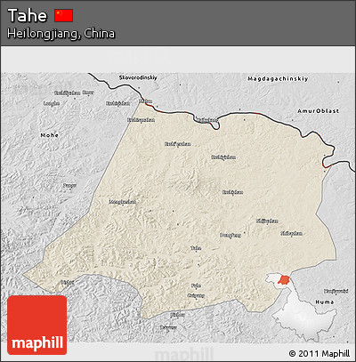 Shaded Relief 3D Map of Tahe, desaturated