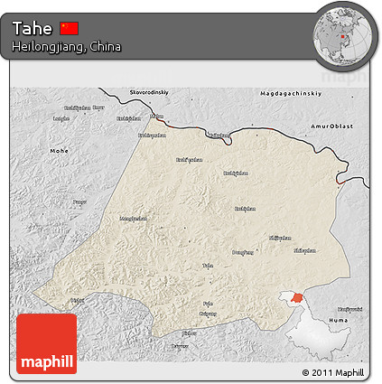 Shaded Relief 3D Map of Tahe, desaturated