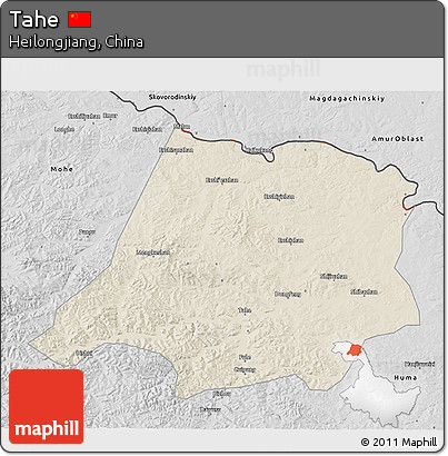 Shaded Relief 3D Map of Tahe, desaturated