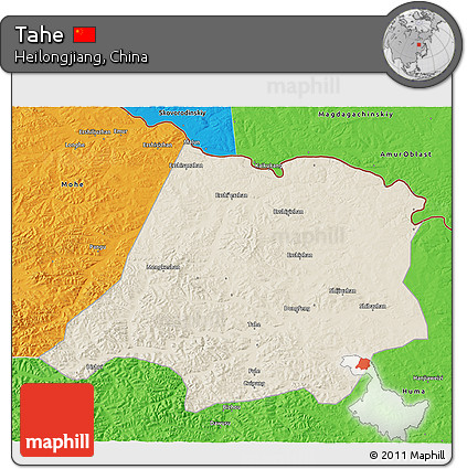 Shaded Relief 3D Map of Tahe, political outside