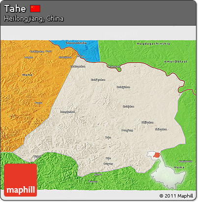 Shaded Relief 3D Map of Tahe, political outside