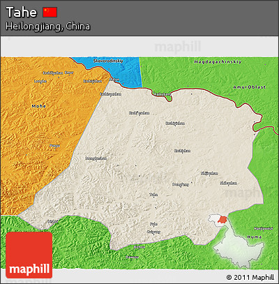 Shaded Relief 3D Map of Tahe, political outside