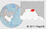 Gray Location Map of Tahe, highlighted country, hill shading