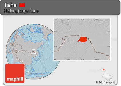 Gray Location Map of Tahe, hill shading