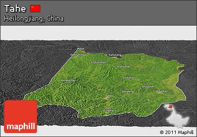 Satellite Panoramic Map of Tahe, darken, desaturated