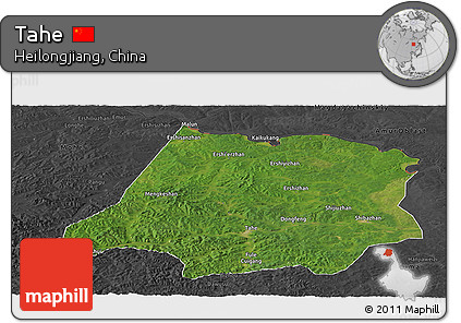Satellite Panoramic Map of Tahe, darken, desaturated