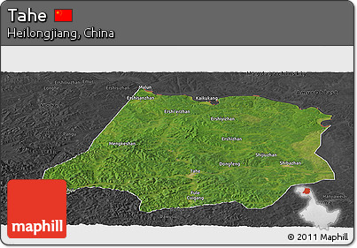 Satellite Panoramic Map of Tahe, darken, desaturated