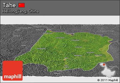 Satellite Panoramic Map of Tahe, desaturated