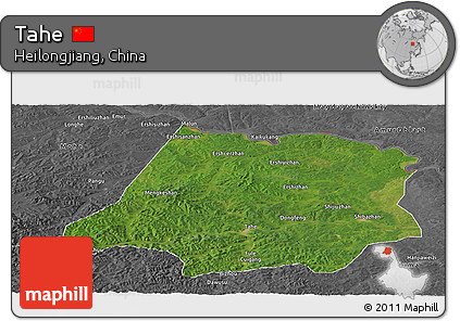 Satellite Panoramic Map of Tahe, desaturated