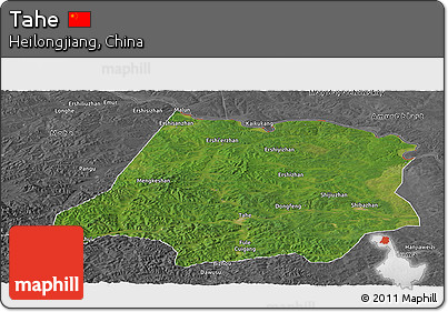 Satellite Panoramic Map of Tahe, desaturated