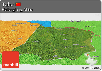 Satellite Panoramic Map of Tahe, political outside