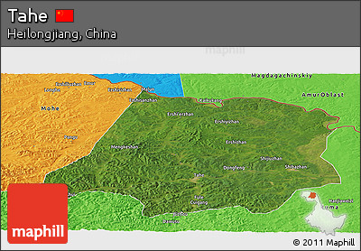 Satellite Panoramic Map of Tahe, political outside