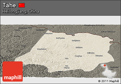 Shaded Relief Panoramic Map of Tahe, darken