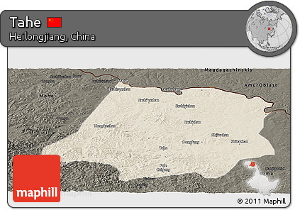 Shaded Relief Panoramic Map of Tahe, darken