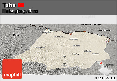 Shaded Relief Panoramic Map of Tahe, darken, semi-desaturated