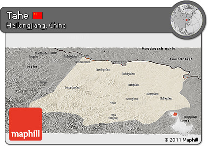 Shaded Relief Panoramic Map of Tahe, darken, semi-desaturated