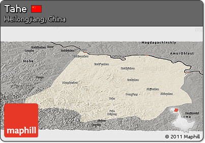 Shaded Relief Panoramic Map of Tahe, darken, semi-desaturated
