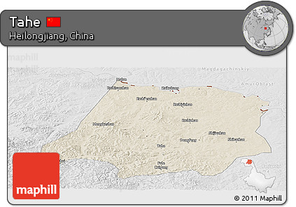 Shaded Relief Panoramic Map of Tahe, lighten, desaturated