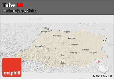 Shaded Relief Panoramic Map of Tahe, lighten, desaturated