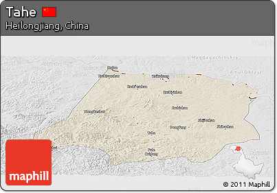 Shaded Relief Panoramic Map of Tahe, lighten, desaturated