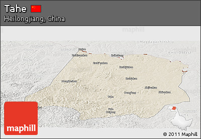 Shaded Relief Panoramic Map of Tahe, lighten, semi-desaturated