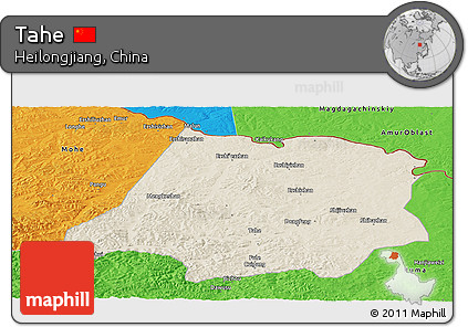 Shaded Relief Panoramic Map of Tahe, political outside