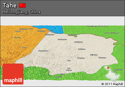 Shaded Relief Panoramic Map of Tahe, political outside