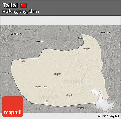 Shaded Relief 3D Map of Tailai, darken, semi-desaturated