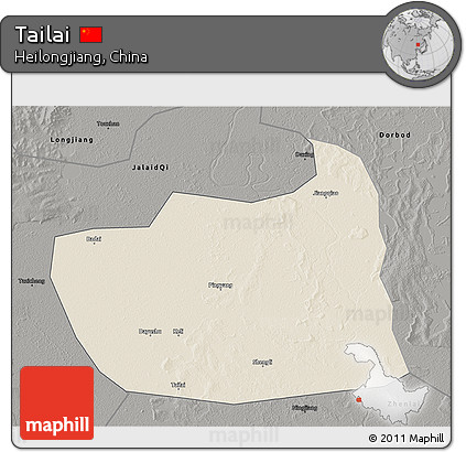 Shaded Relief 3D Map of Tailai, darken, semi-desaturated
