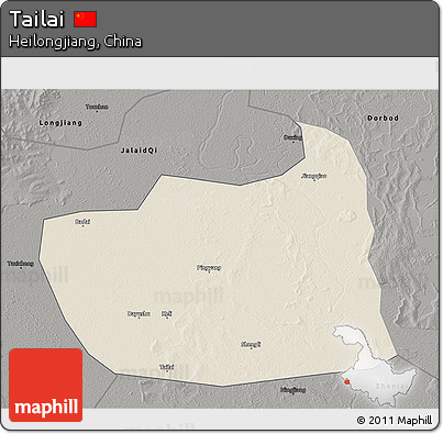 Shaded Relief 3D Map of Tailai, darken, semi-desaturated