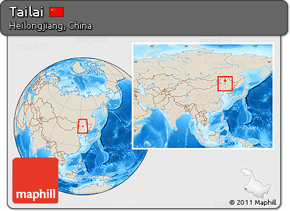 Shaded Relief Location Map of Tailai, within the entire country