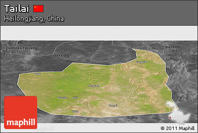 Satellite Panoramic Map of Tailai, darken, desaturated