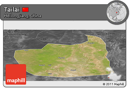 Satellite Panoramic Map of Tailai, darken, desaturated