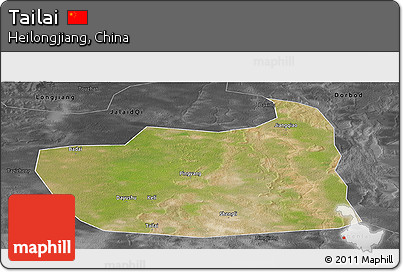 Satellite Panoramic Map of Tailai, darken, desaturated