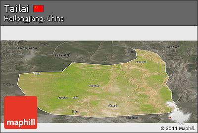 Satellite Panoramic Map of Tailai, darken, semi-desaturated
