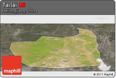 Satellite Panoramic Map of Tailai, darken, semi-desaturated