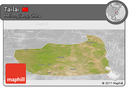 Satellite Panoramic Map of Tailai, lighten, desaturated