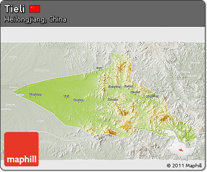 Physical 3D Map of Tieli, lighten, semi-desaturated