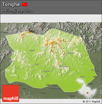 Physical 3D Map of Tonghe, darken, semi-desaturated