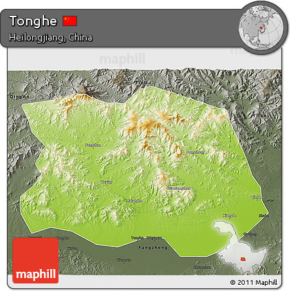 Physical 3D Map of Tonghe, darken, semi-desaturated