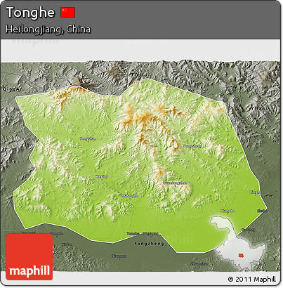 Physical 3D Map of Tonghe, darken, semi-desaturated