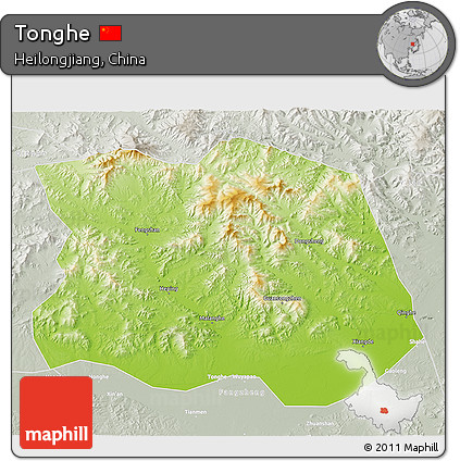 Physical 3D Map of Tonghe, lighten, semi-desaturated