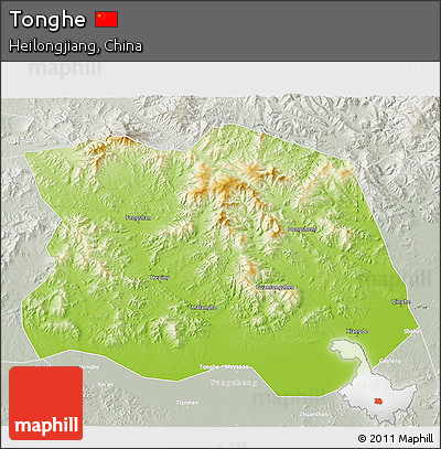 Physical 3D Map of Tonghe, lighten, semi-desaturated