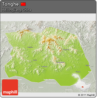 Physical 3D Map of Tonghe, lighten, semi-desaturated