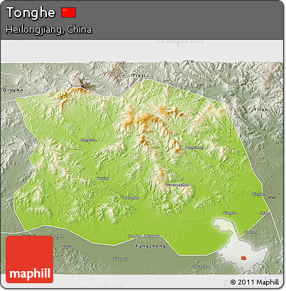 Physical 3D Map of Tonghe, semi-desaturated