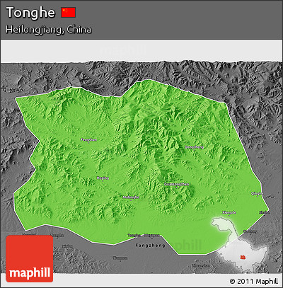Political 3D Map of Tonghe, darken, desaturated