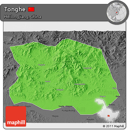 Political 3D Map of Tonghe, darken, desaturated